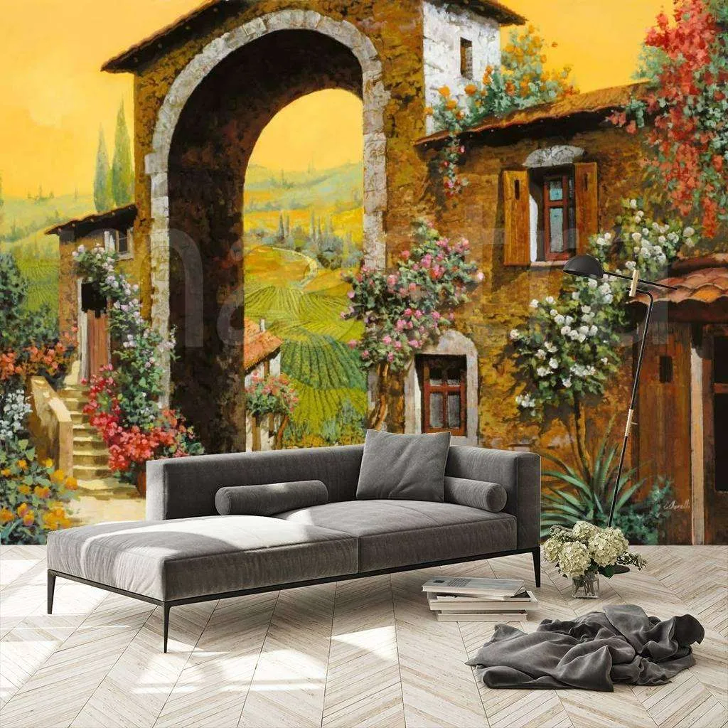 Фотообои Старинная улочка с аркой и живописными полями  8-004