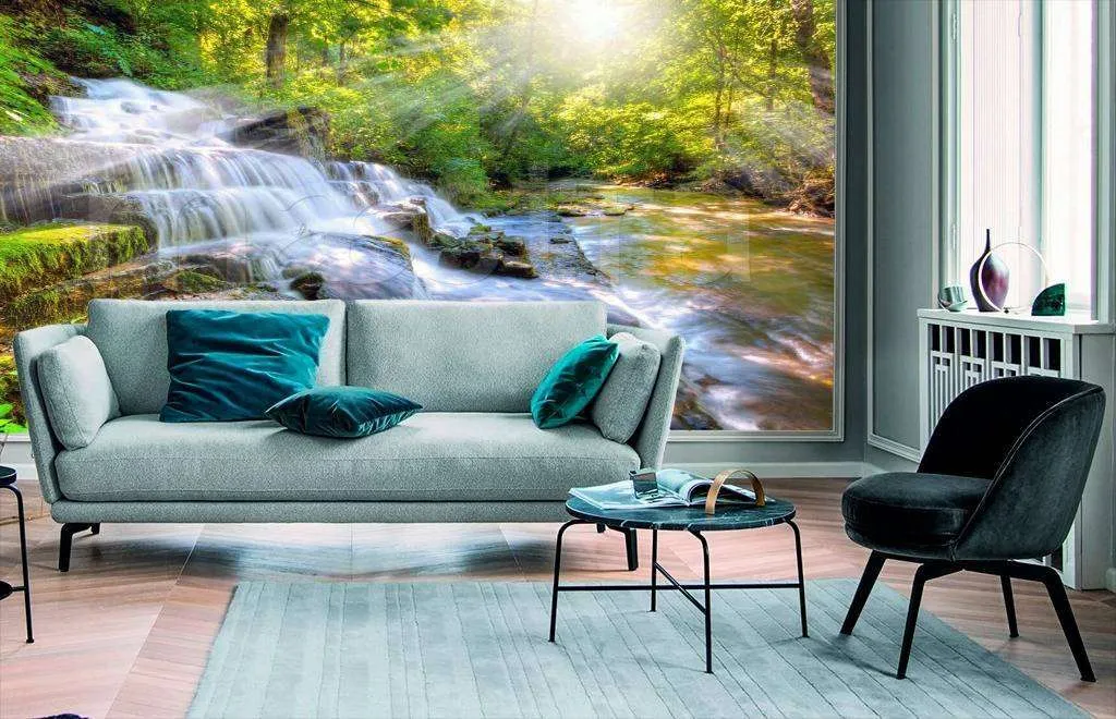 Фотообои в интерьере водопад брызги скалы  4-380 фото