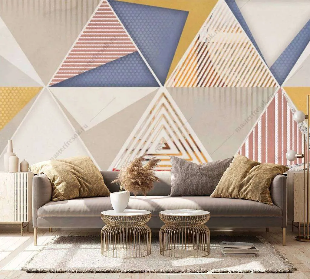 Фотообои в интерьере разноцветные треугольники  15-811 фото