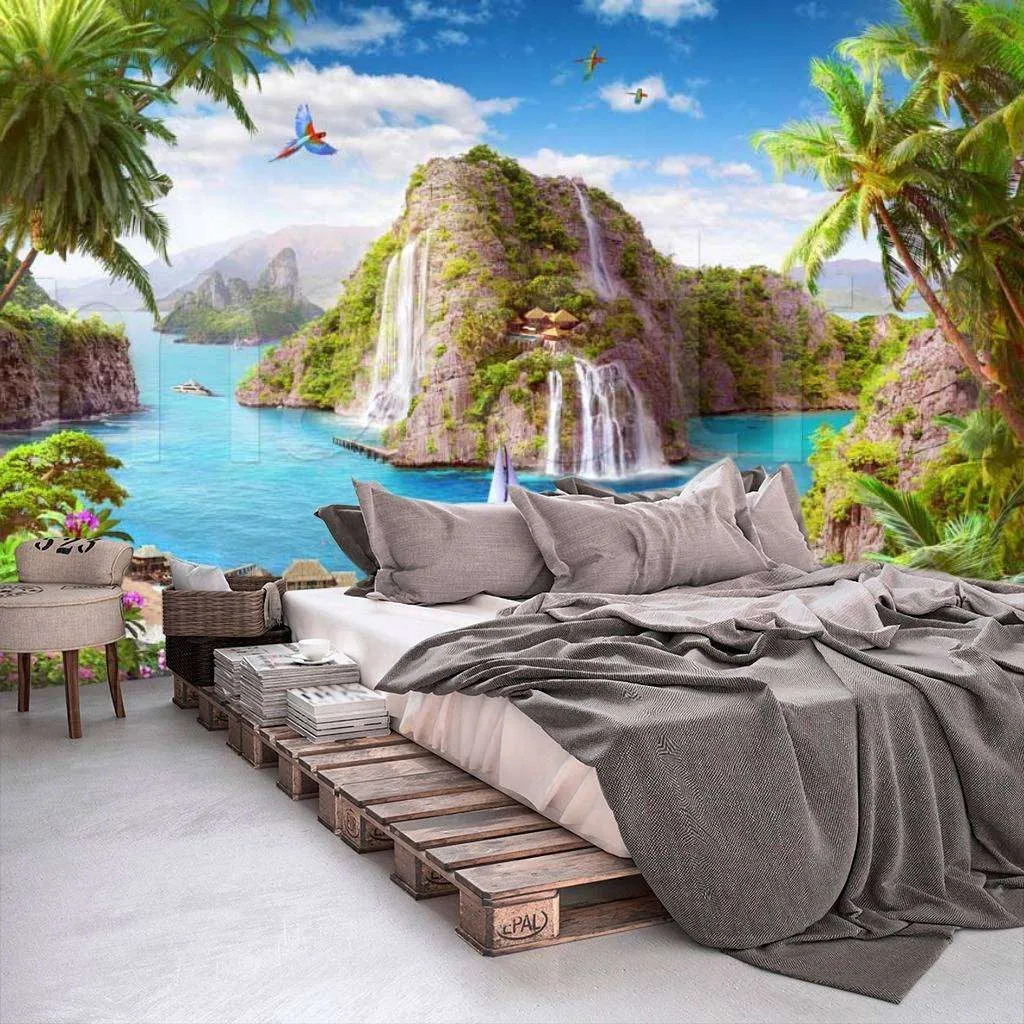 Фотообои в интерьере вид на море и водопад на острове  11-158 фото