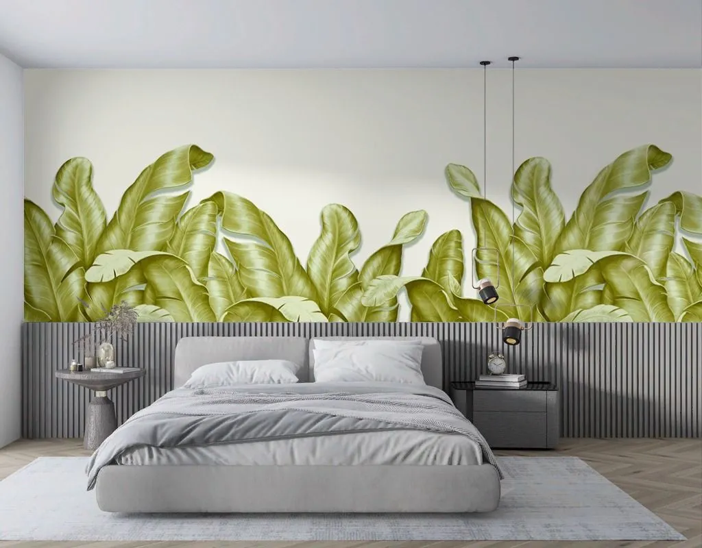 Фотообои в интерьере листья 3д зеленые  9-1924 фото