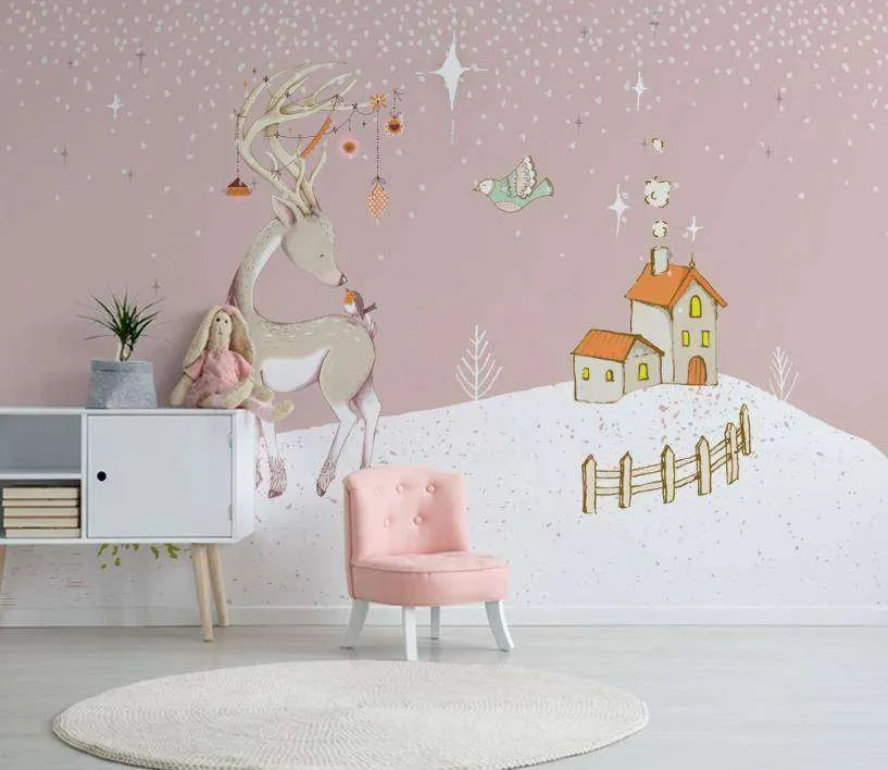 Фотообои в интерьере олененок и новый год  15-180 фото