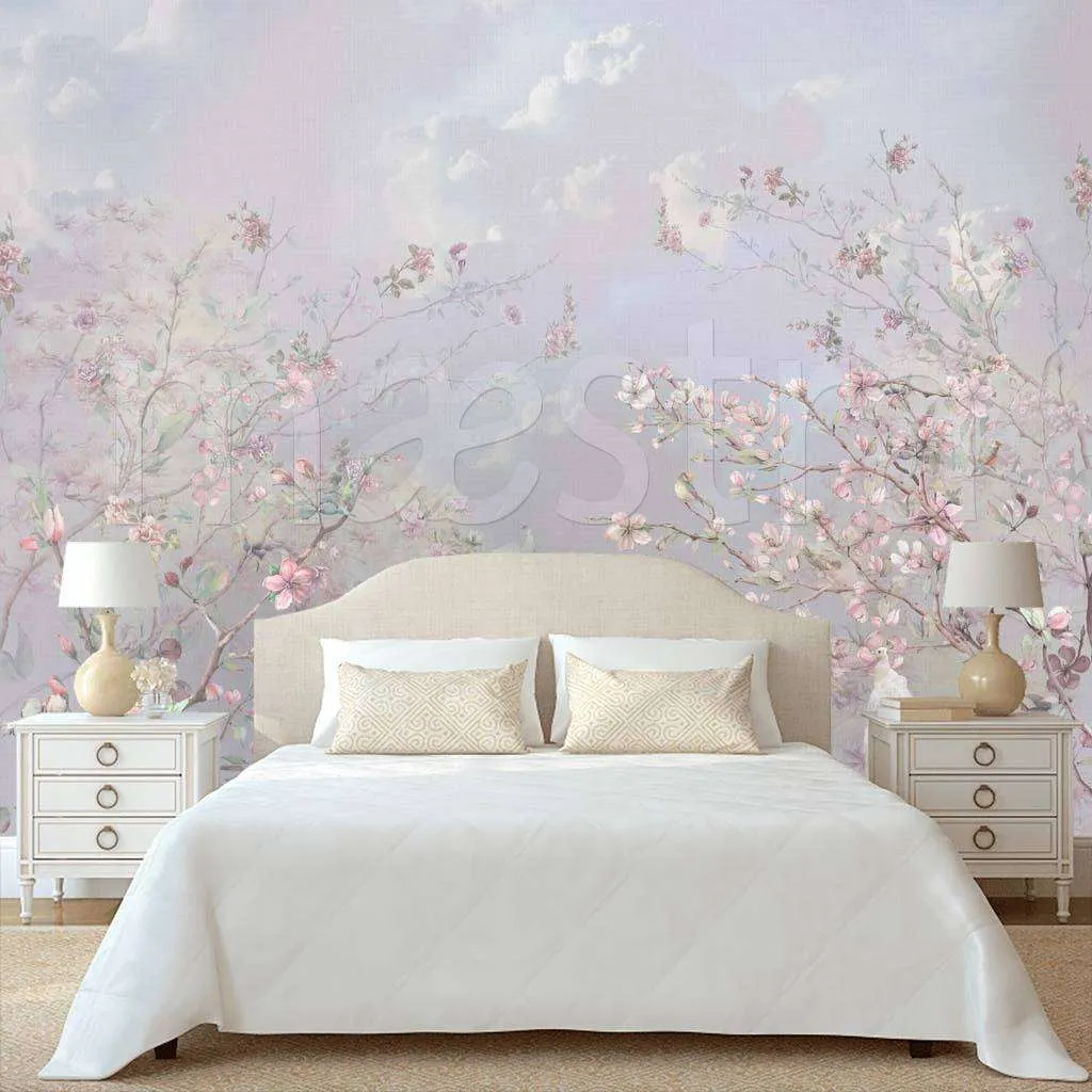 Фотообои в интерьере деревья с цветами на голубоватом фоне  7-867 фото