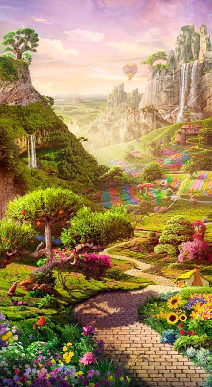 Фотообои в интерьере радужные поля с воздушным шаром  11-151 фото