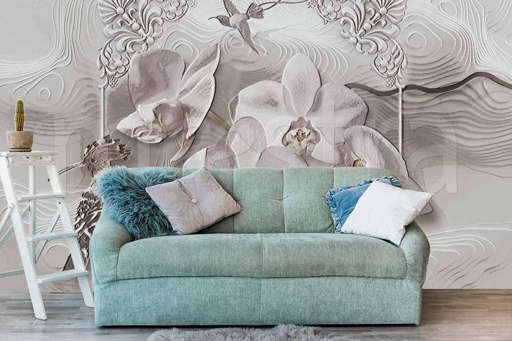 Фотообои в интерьере 3д орхидея в сером цвете  7-498 фото