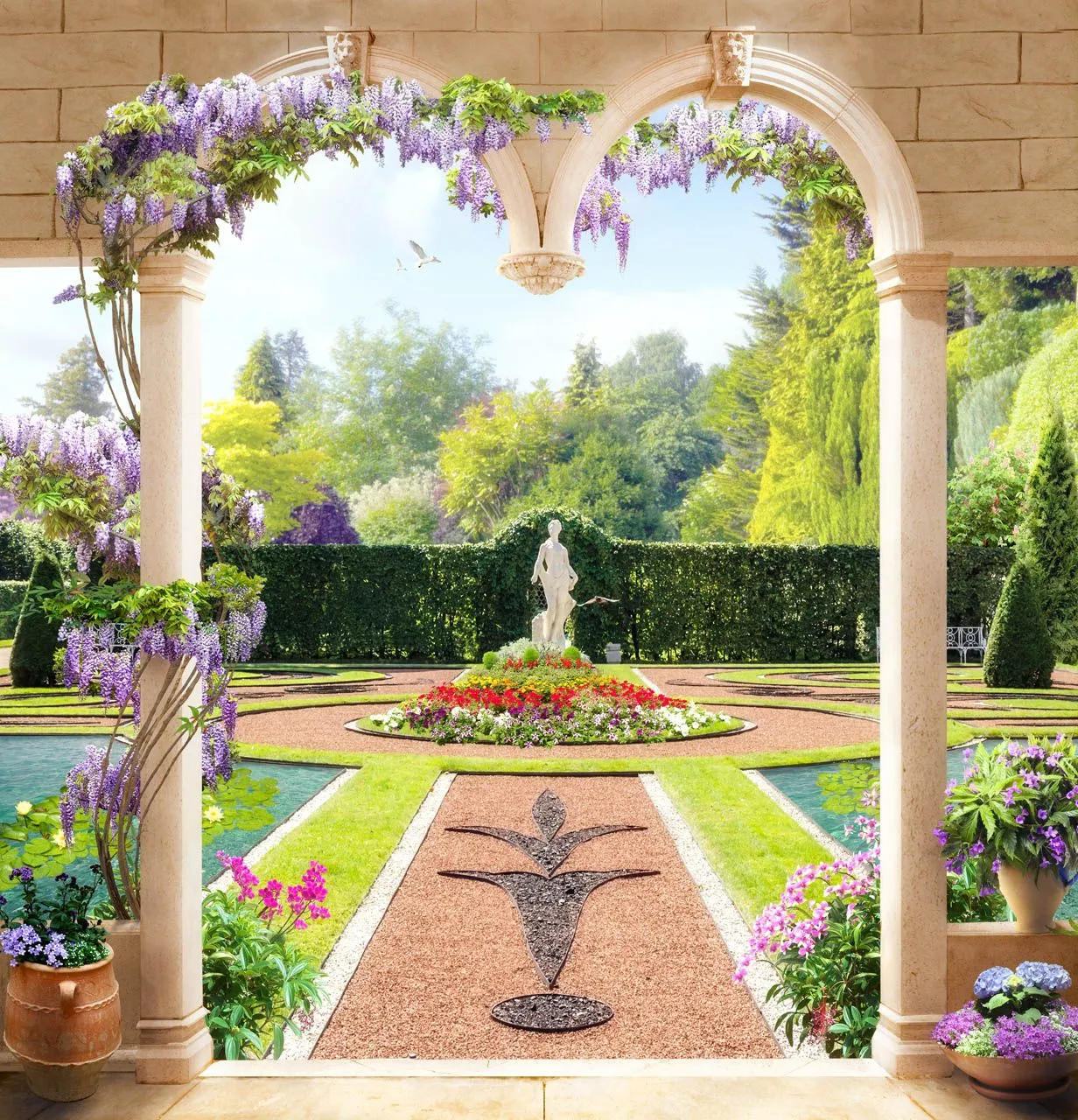 Фотообои в интерьере арка с видом на фонтан  19-0103 фото