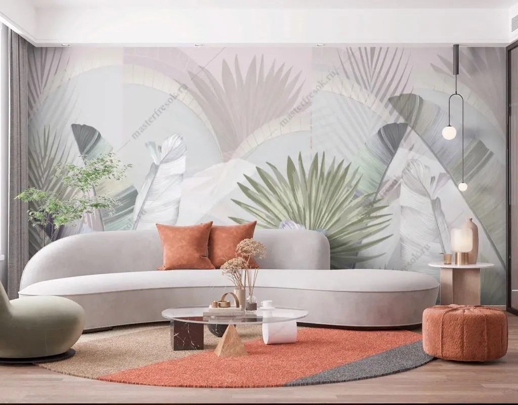 Фотообои в интерьере пастельные тропические листья  14-547 фото