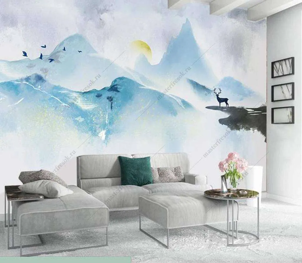 Фотообои в интерьере синие горы в тумане  16-139 фото