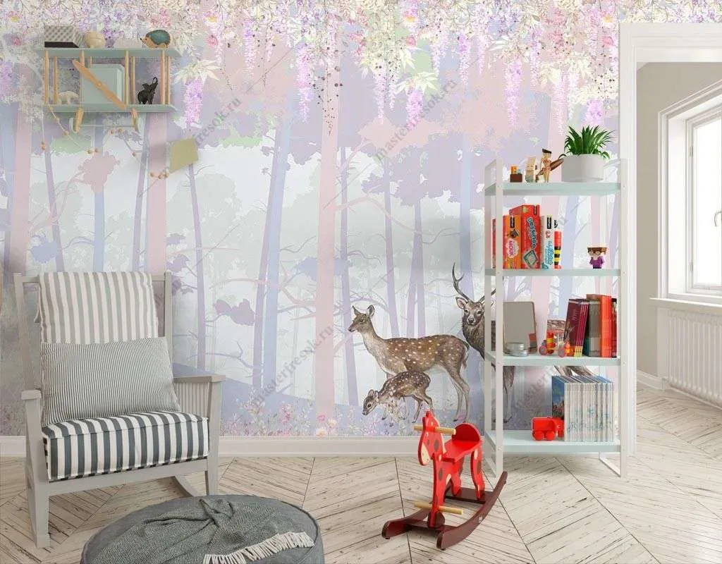 Фотообои в интерьере олени в волшебном лесу  14-416 фото