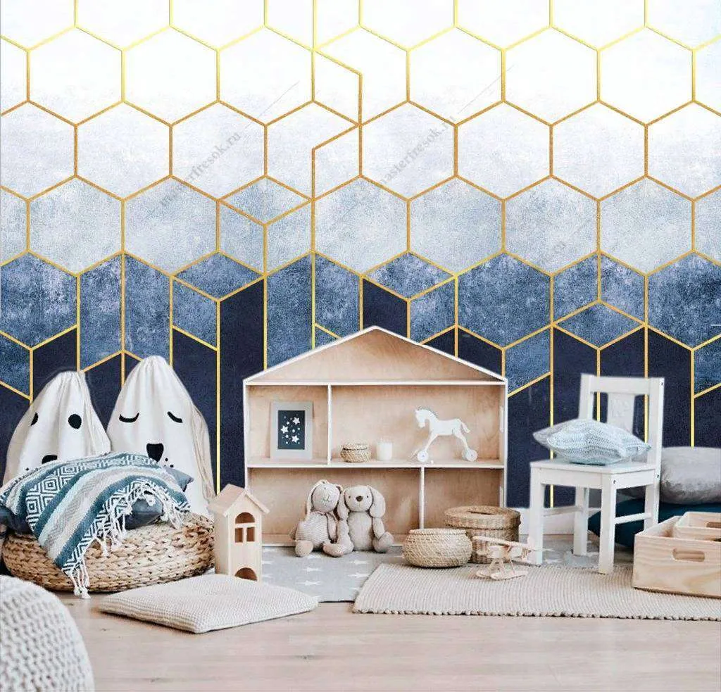 Фотообои в интерьере голубые шестигранники  10-756 фото