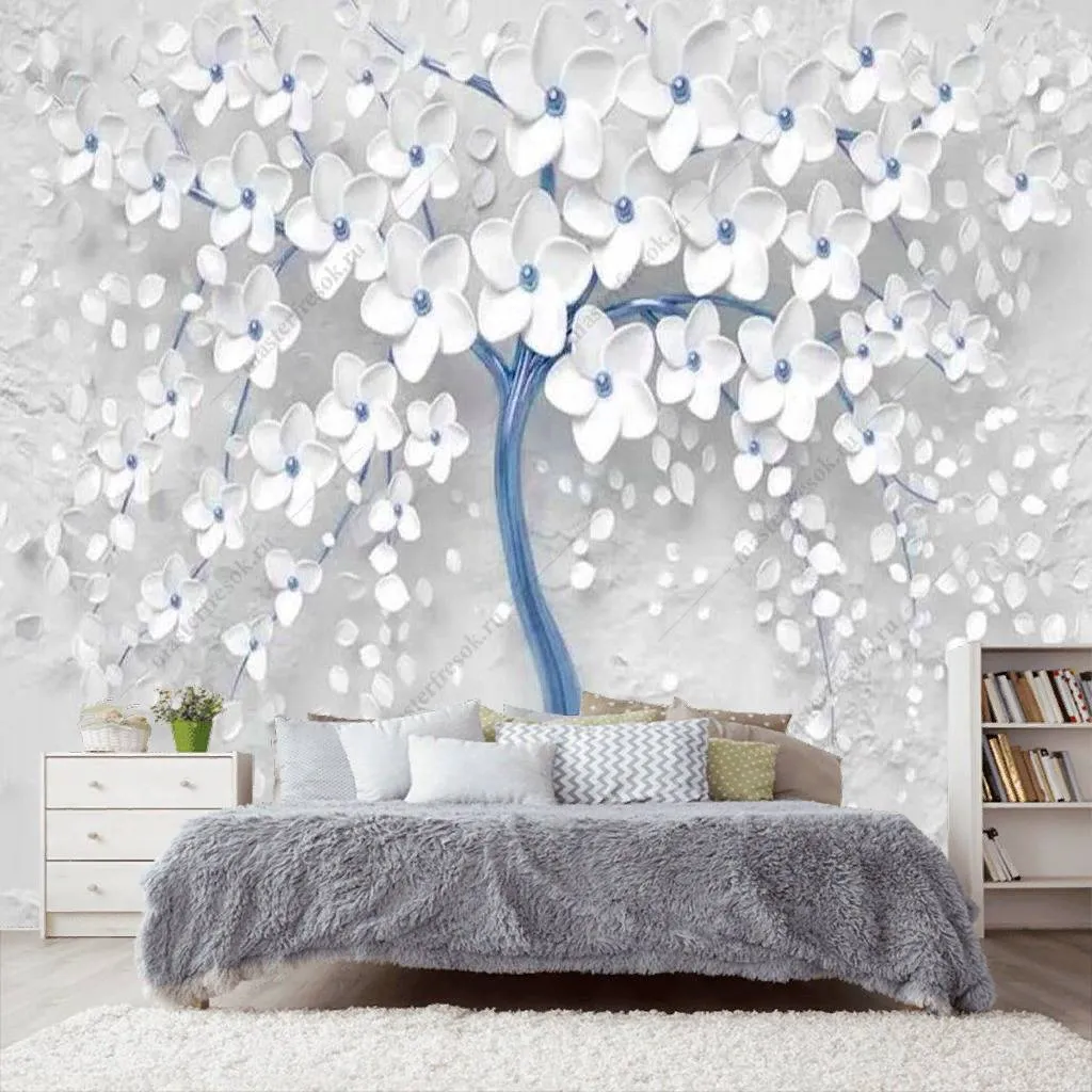 Фотообои в интерьере 3д дерево с золотыми цветами  10-742 фото