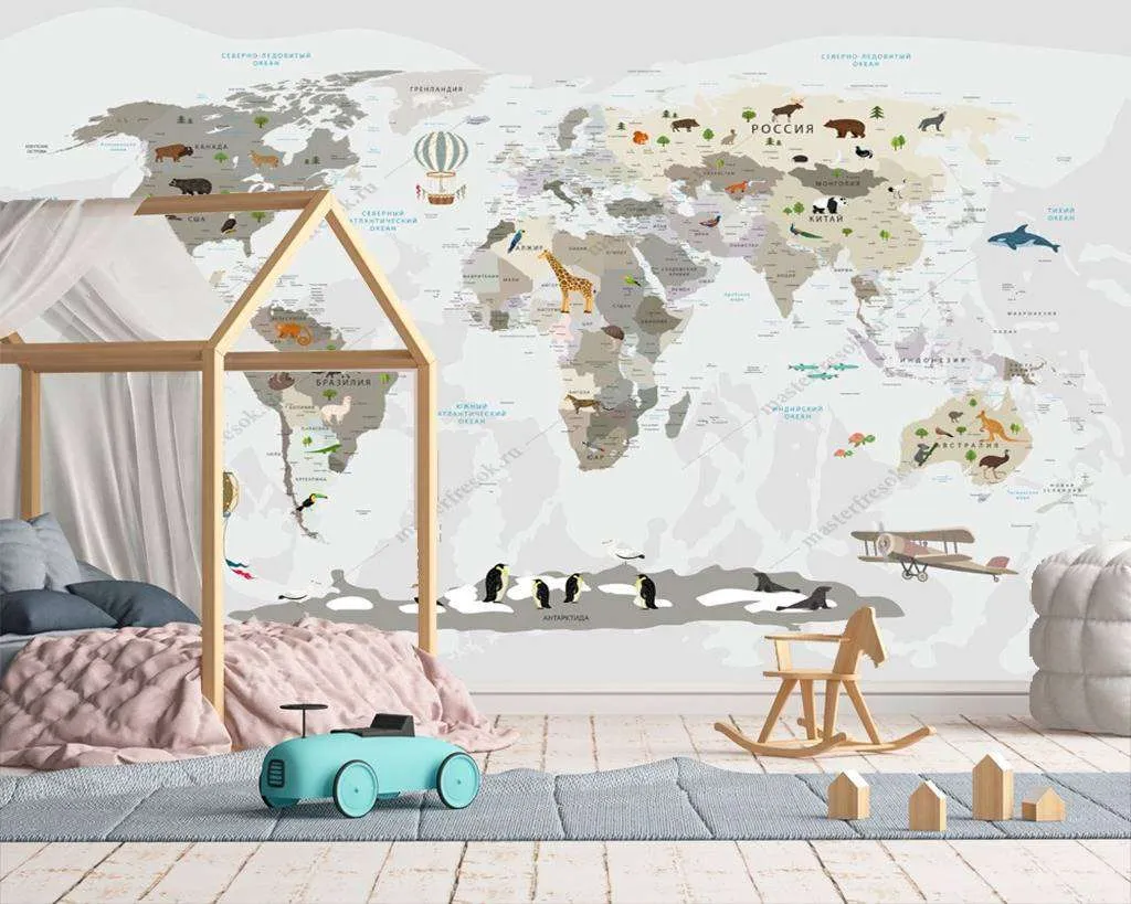 Фотообои в интерьере карта мира в детскую мальчика  12-997 фото