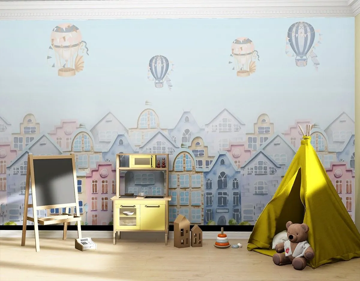 Фотообои детские. Домики акварельные и шарики   12-1609