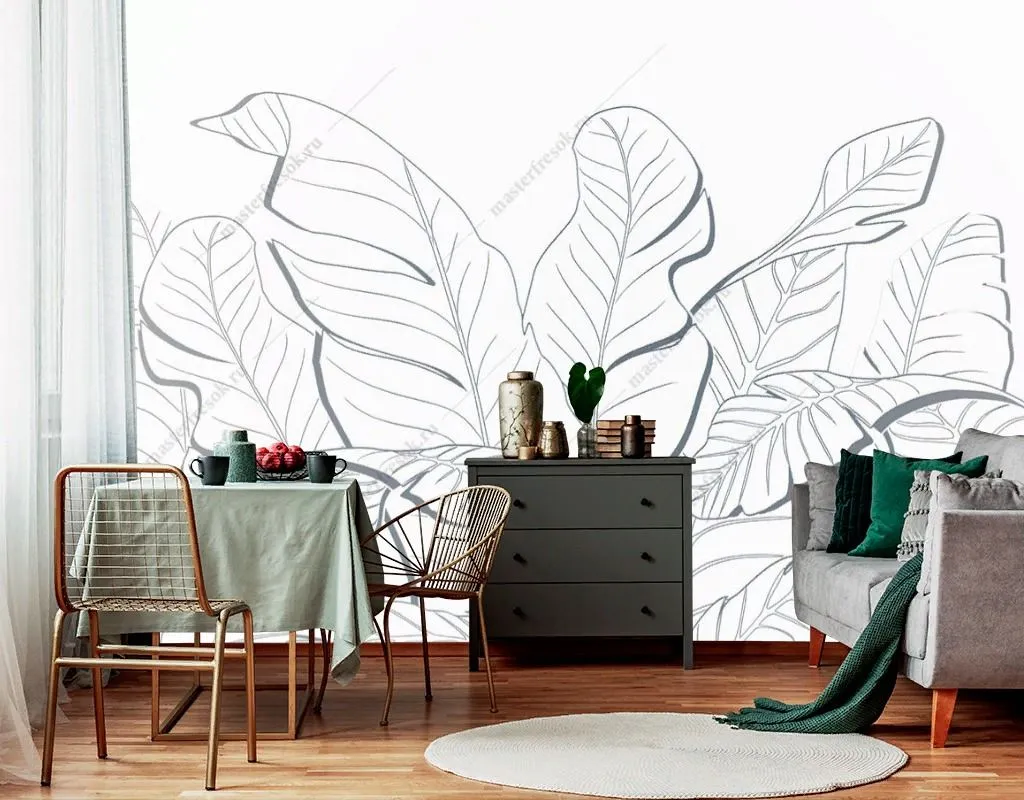 Фотообои в интерьере контур тропические листья  9-1815 фото