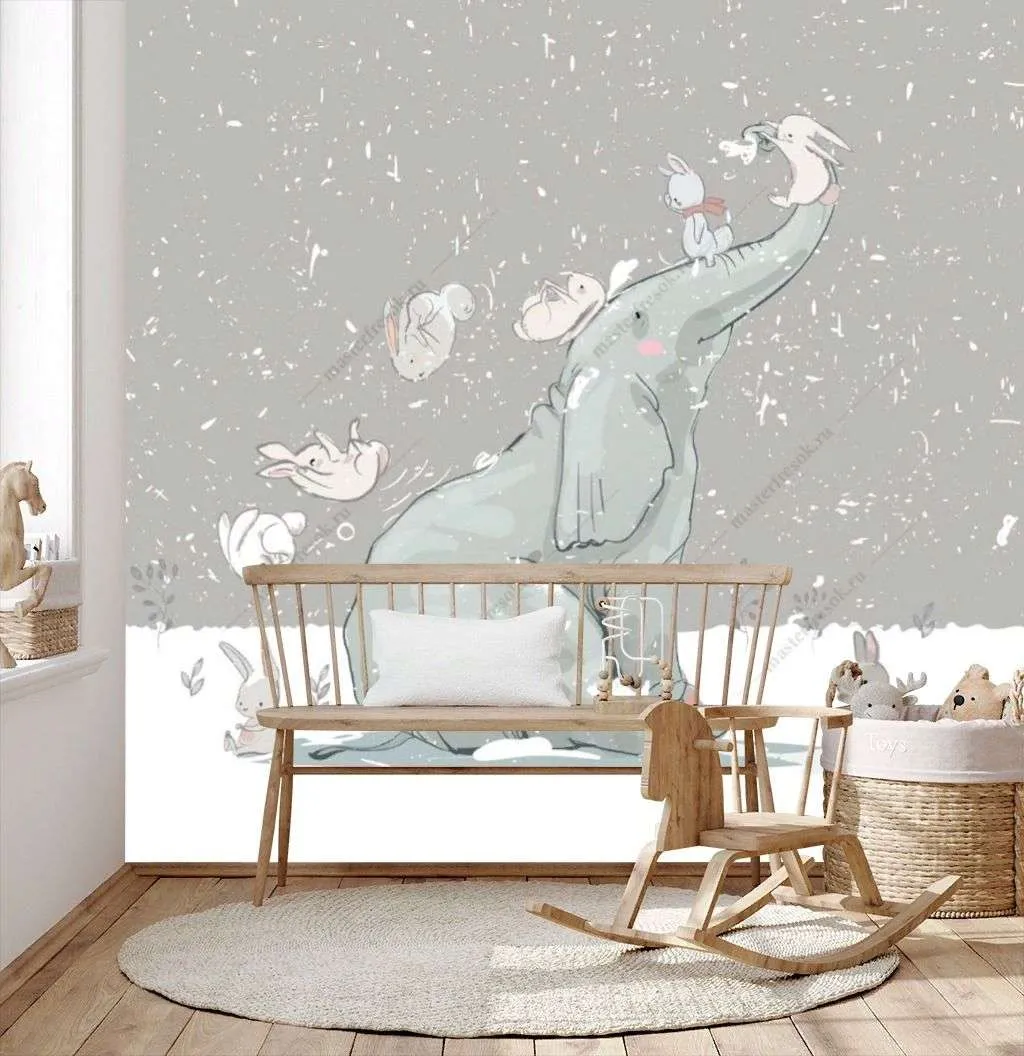 Фотообои в интерьере слоник и зайки  14-215 фото