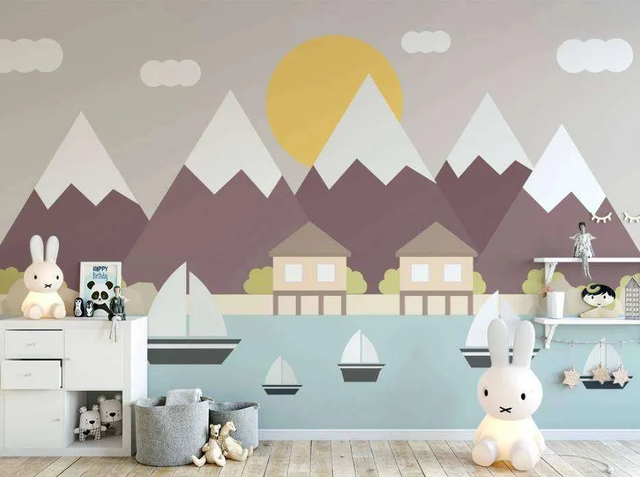 Фотообои в интерьере кораблики на фоне гор  15-170 фото