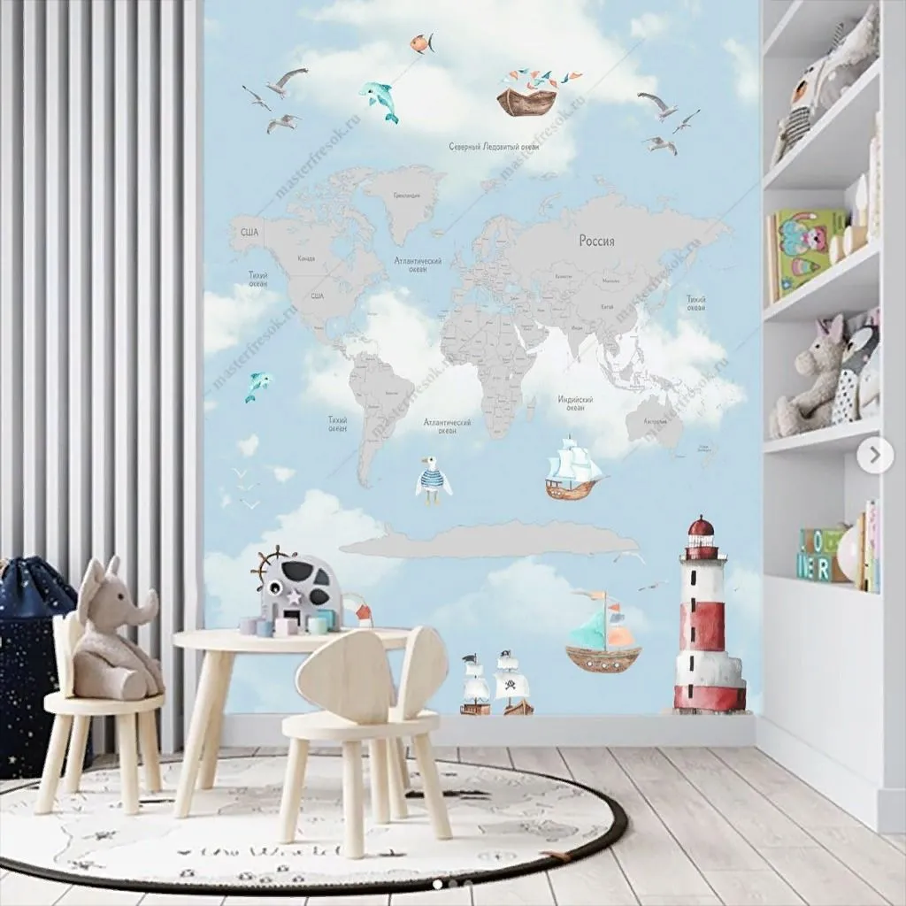 Фотообои в интерьере карта детская и маяк  14-684 фото