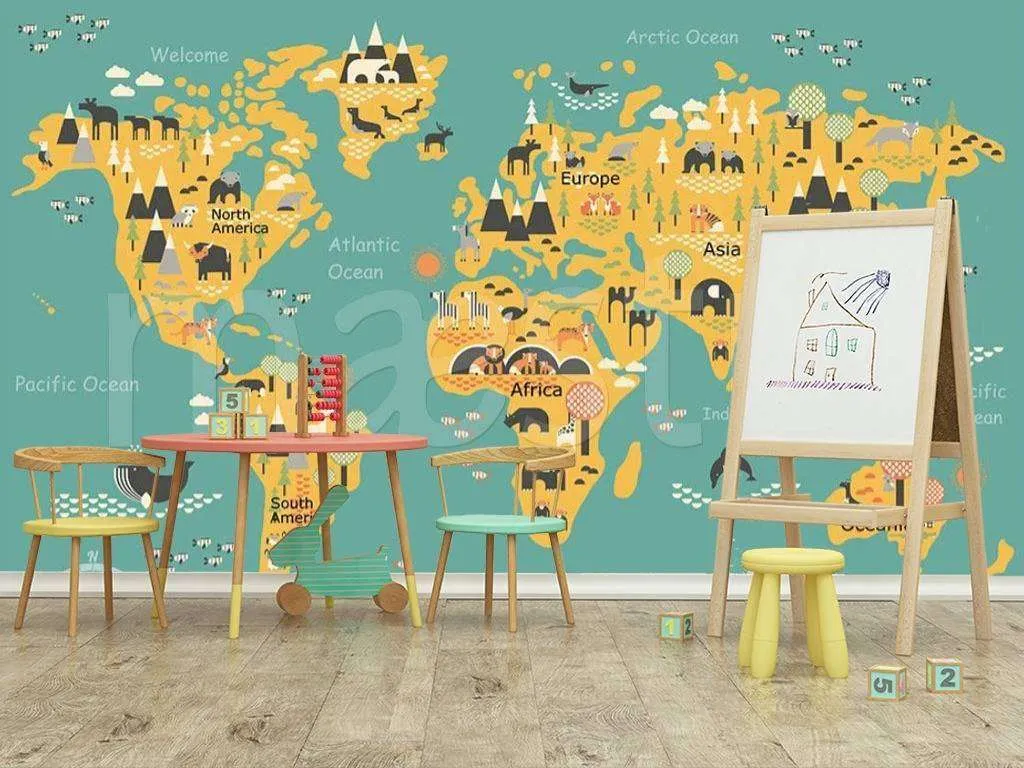 Фотообои в интерьере карта с животными желтая  15-099 фото
