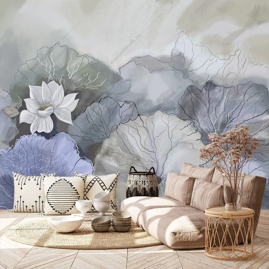 Фотообои в интерьере лотосы серо-бирюзовые  9-1775 фото