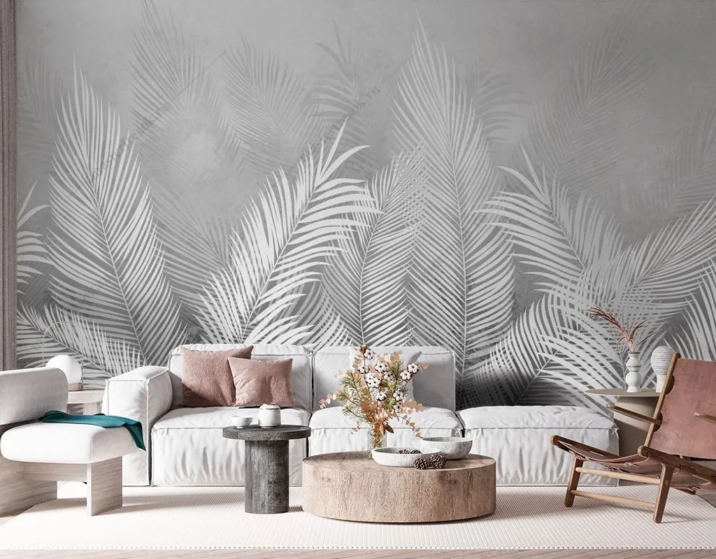 Фотообои в интерьере пальмовые листья светло-серые  14-471 фото