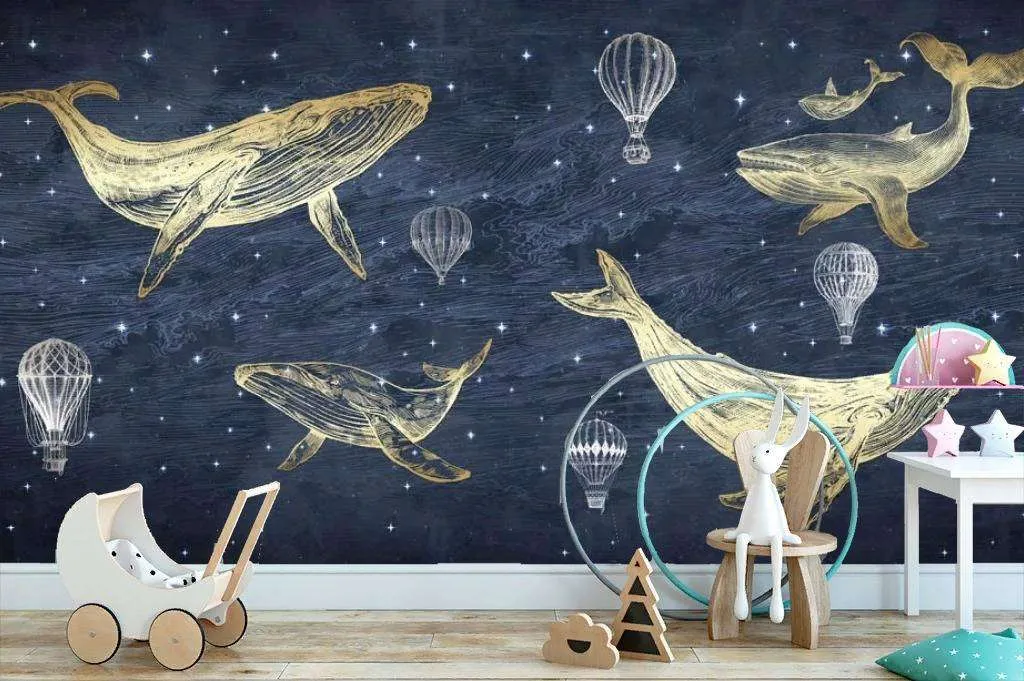 Фотообои в интерьере киты на синем фоне  14-165 фото