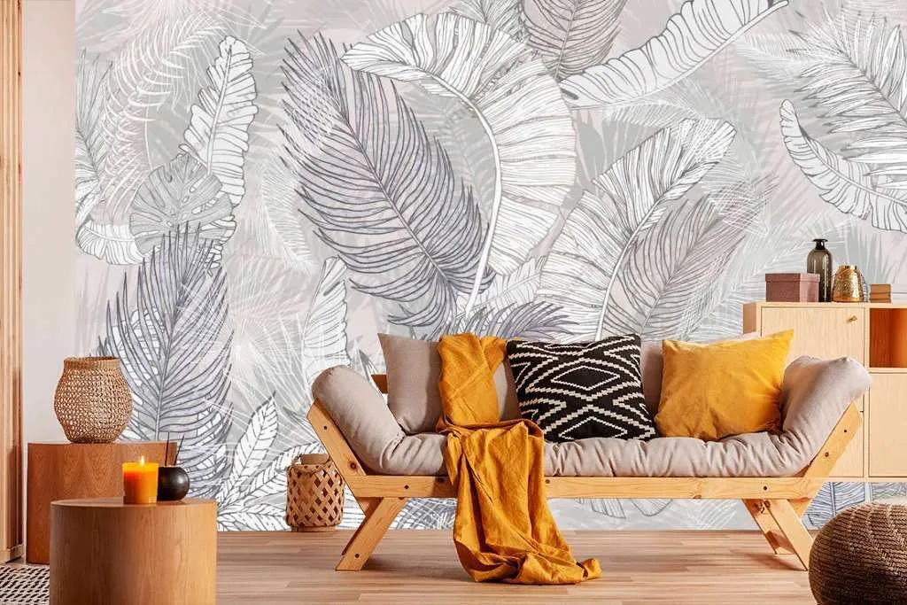 Фотообои Бесшовные обои на стену:  Черно-белые тропические листья. Артикул: 14-304  