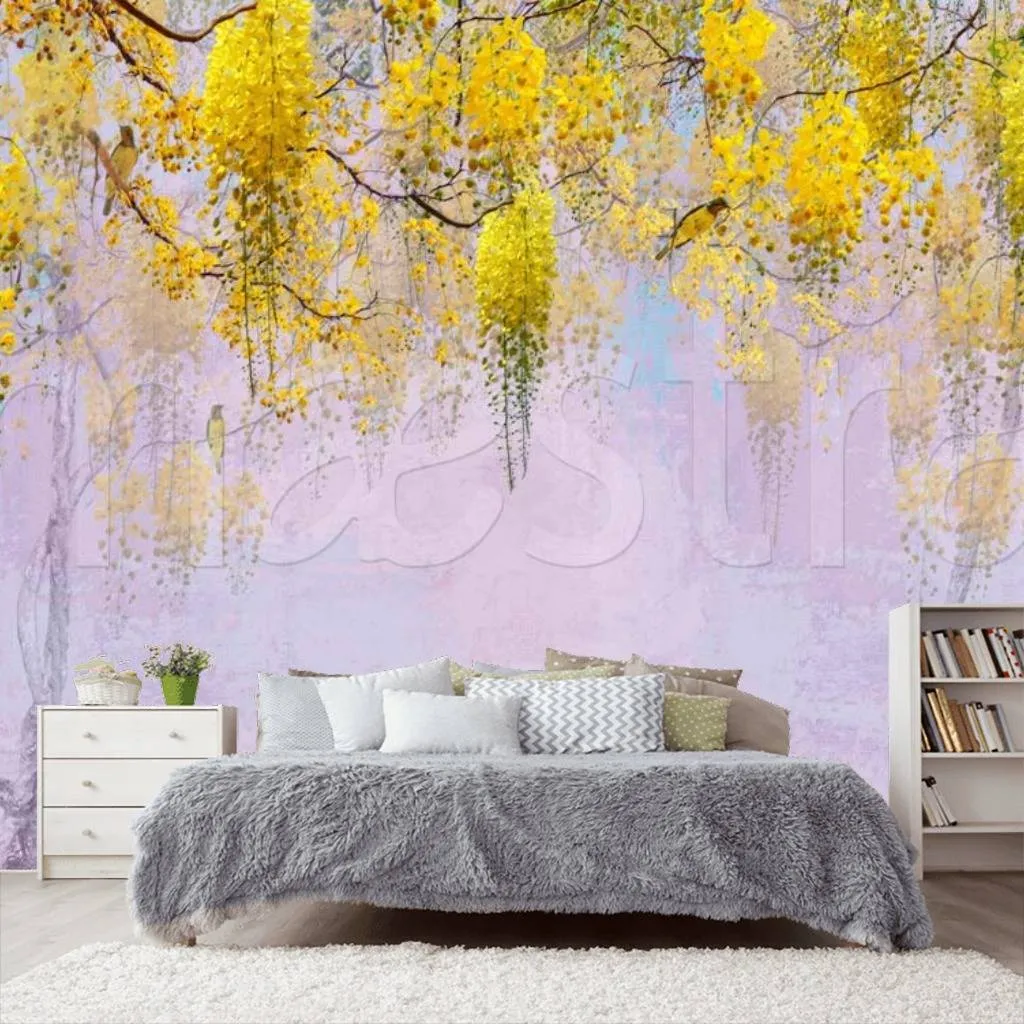 Фотообои в интерьере желтые цветы на розовом фоне  7-539 фото