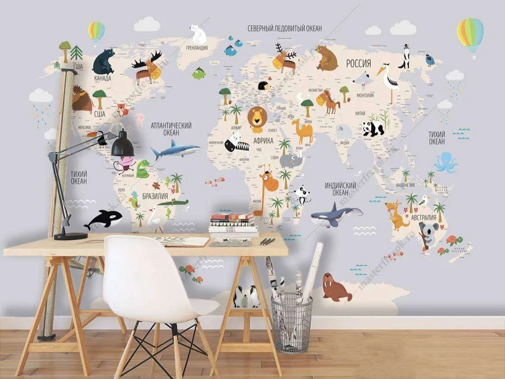 Фотообои Бесшовные обои на стену:  Карта мира на русском. Артикул: 12-964  