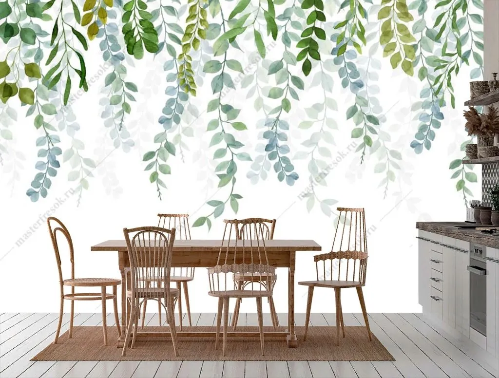 Фотообои в интерьере акварельные нависающие ветки  14-292 фото