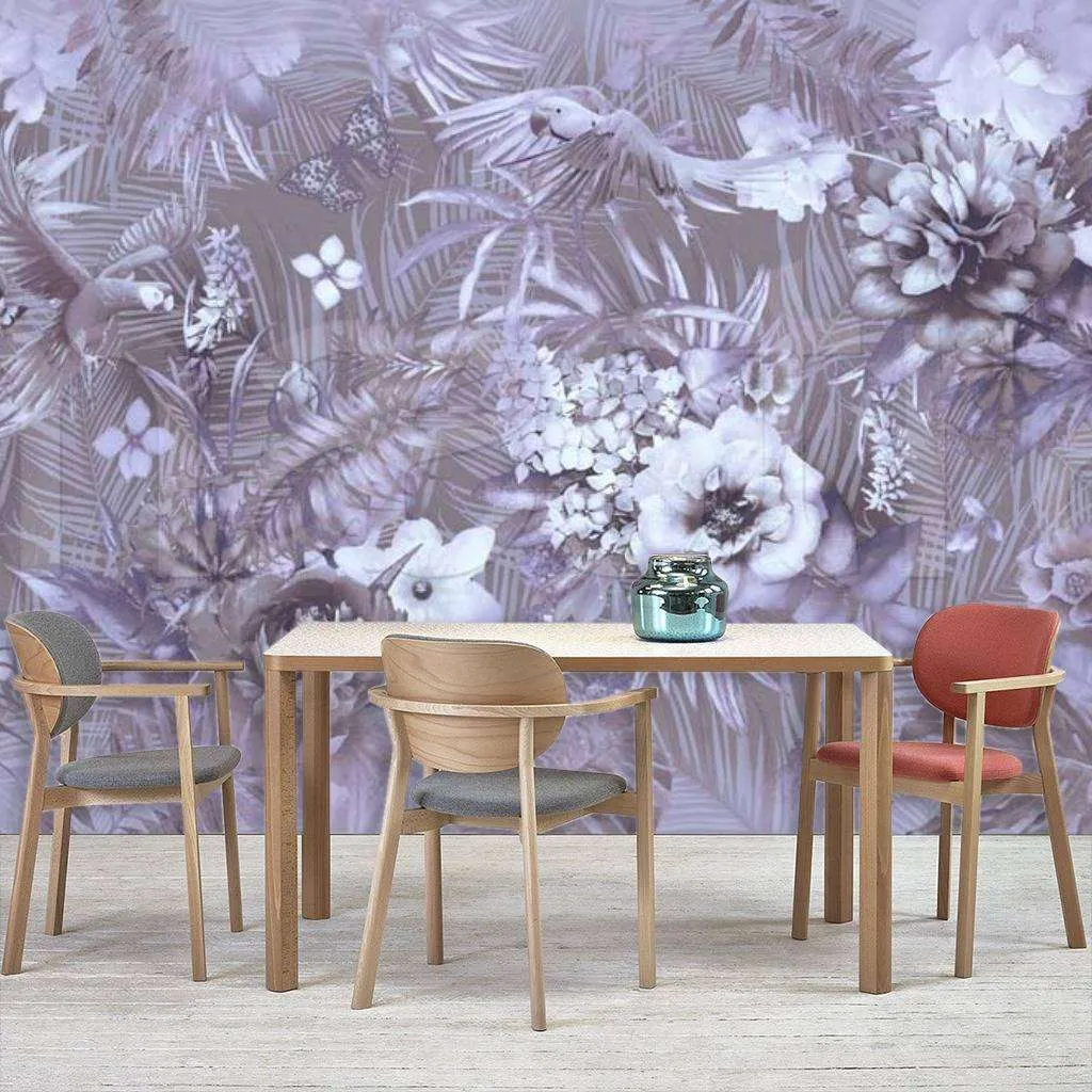 Фотообои в интерьере цветущий сад с попугаями 2  7-558 фото