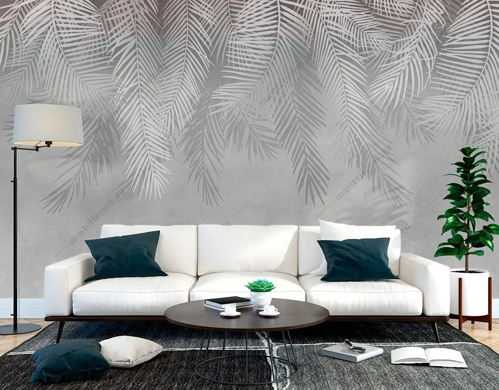 Фотообои в интерьере листья серые светлые  9-1465 фото
