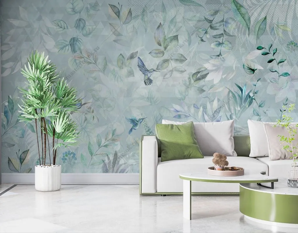 Фотообои в интерьере птички райские на голубом фоне  13-584 фото