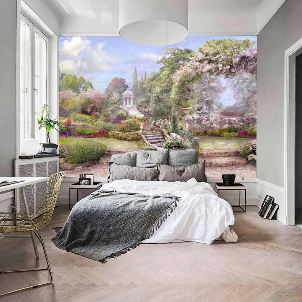 Фотообои в интерьере парк с цветами и беседкой  7-280 фото