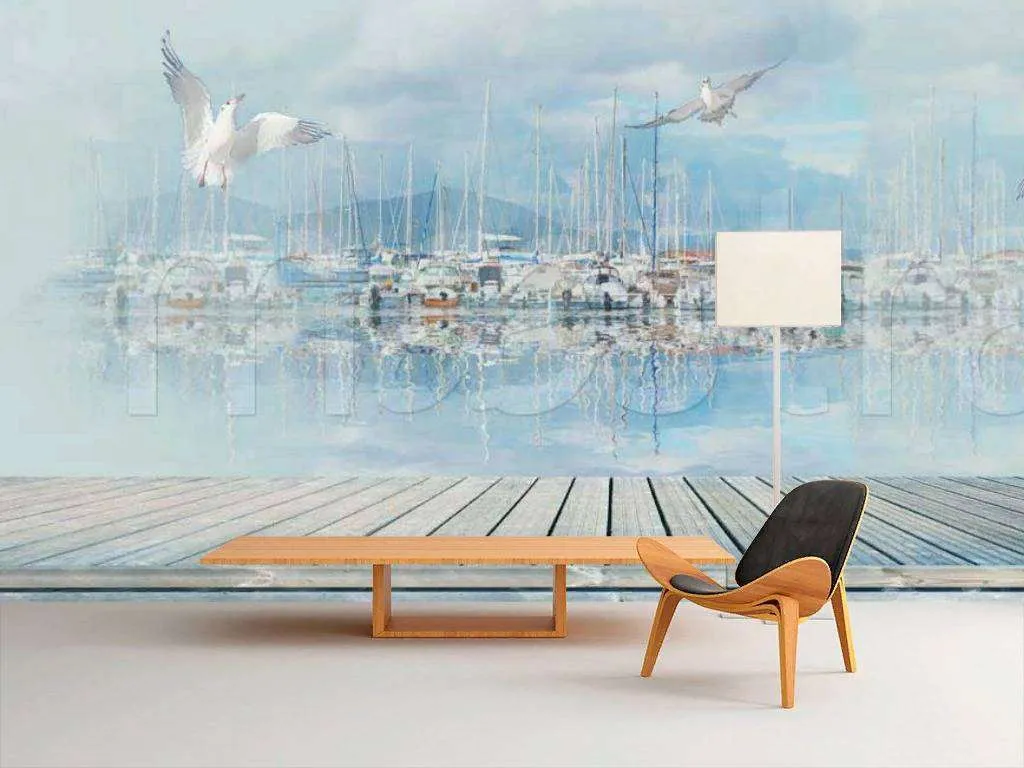 Фотообои в интерьере терраса с видом на парусники  7-056 фото