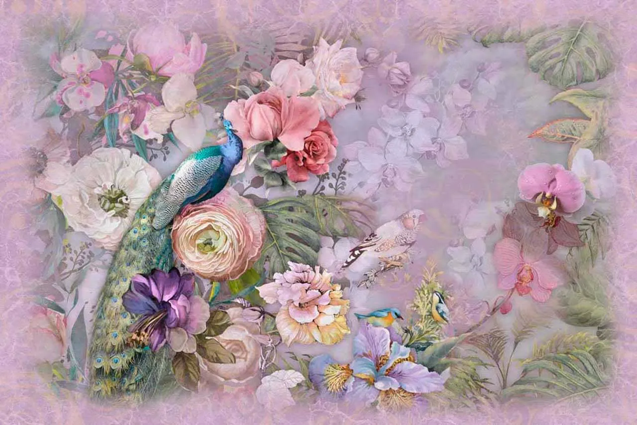 Фотообои в интерьере павлин в живописном саду  7-455 фото