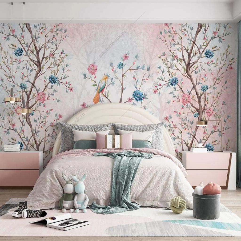 Фотообои в интерьере птицы на цветущем дереве  14-474 фото