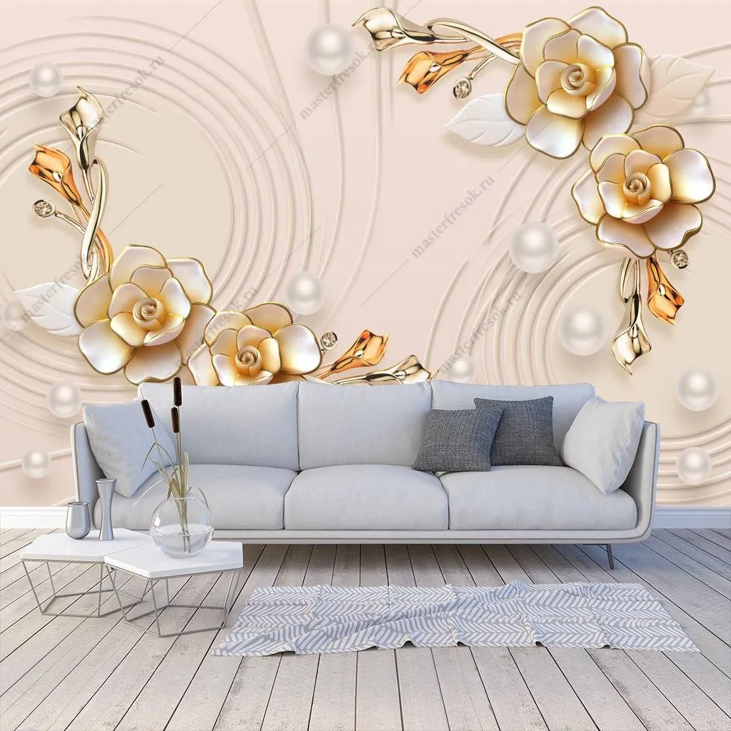 Фотообои в интерьере 3д золотые цветочки  10-658 фото