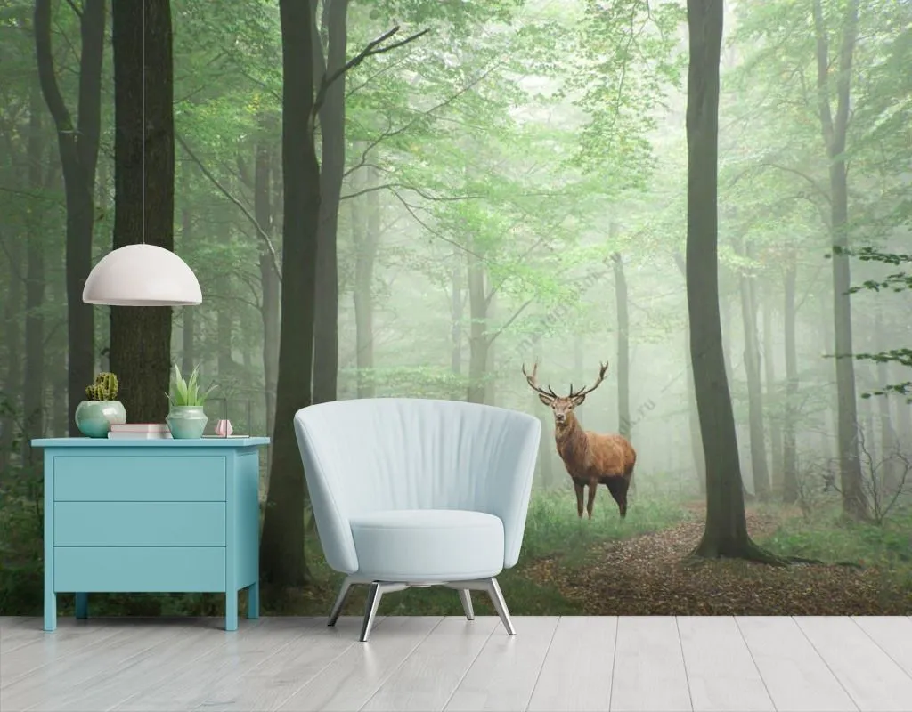 Фотообои Зеленый лес с оленем  9-1530
