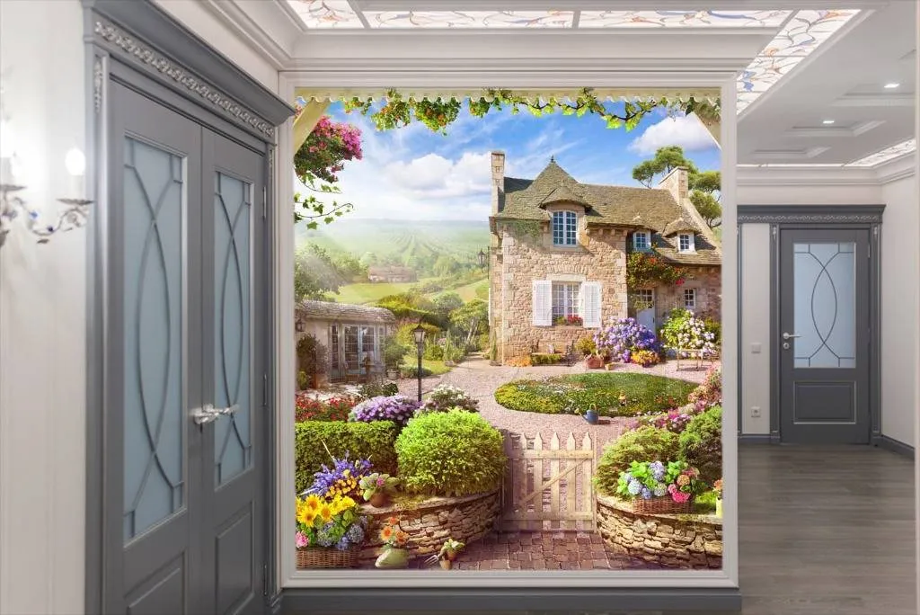 Фотообои в интерьере дворик с красивыми клумбами  11-160 фото