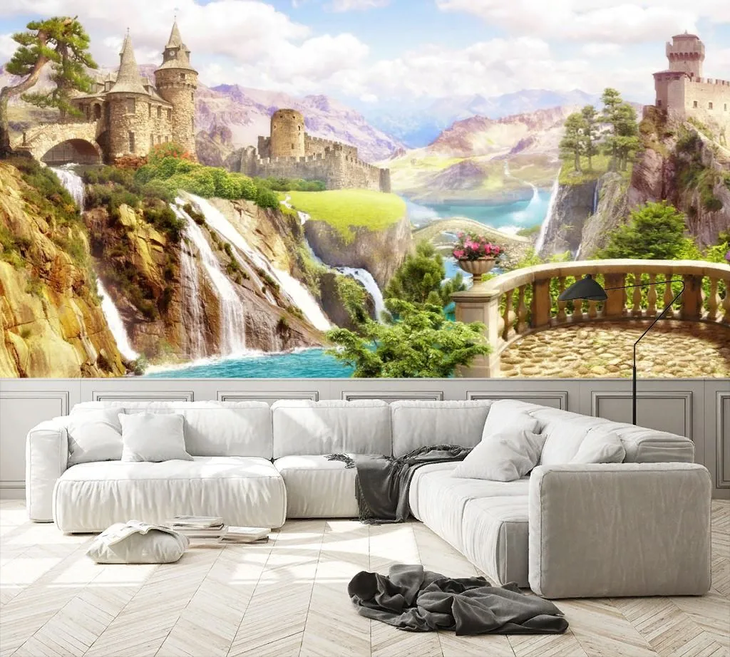 Фотообои в интерьере балкон с видом на ущелье и замок  19-0044 фото