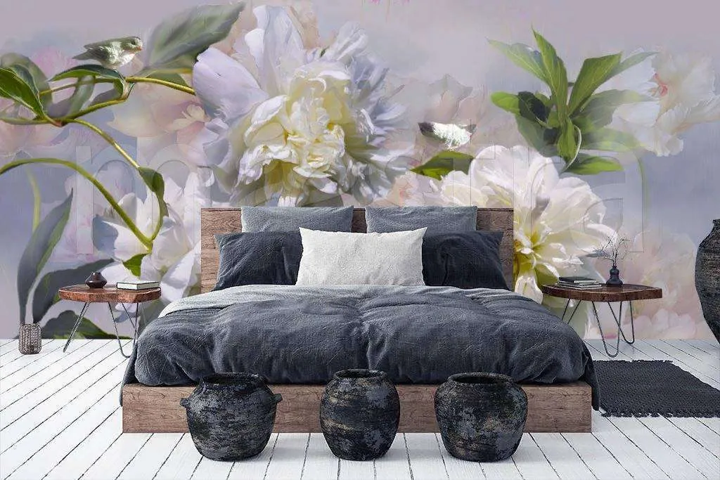 Фотообои Бесшовные обои на стену:  Белые пионы 3д. Артикул: 7-608  