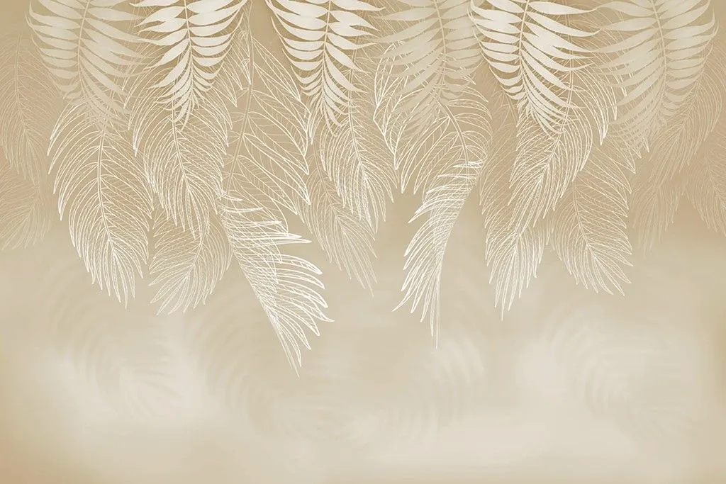 Фотообои в интерьере тонкие листики на бежевом фоне   14-754 фото