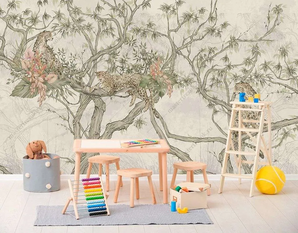 Фотообои в интерьере китайская живопись гепард  14-449 фото