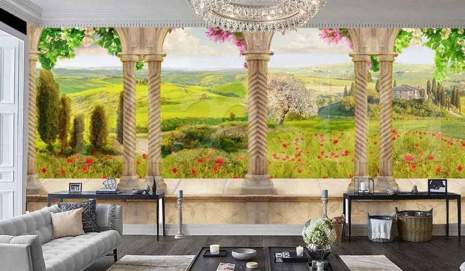 Фотообои в интерьере арка на террасе с видом на луг  7-157 фото