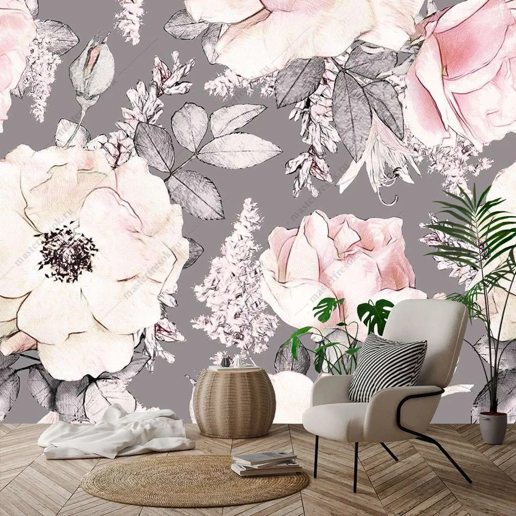 Фотообои Бесшовные обои на стену:  Пионы на сером фоне. Артикул: 14-343  