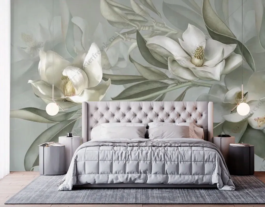Фотообои в интерьере лилии на зеленом фоне  13-477 фото