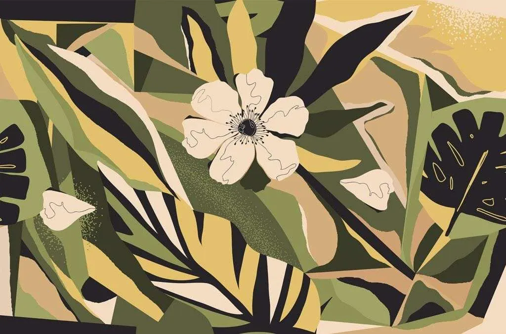 Фотообои в интерьере листья и цветы на бежевом фоне  9-1115 фото