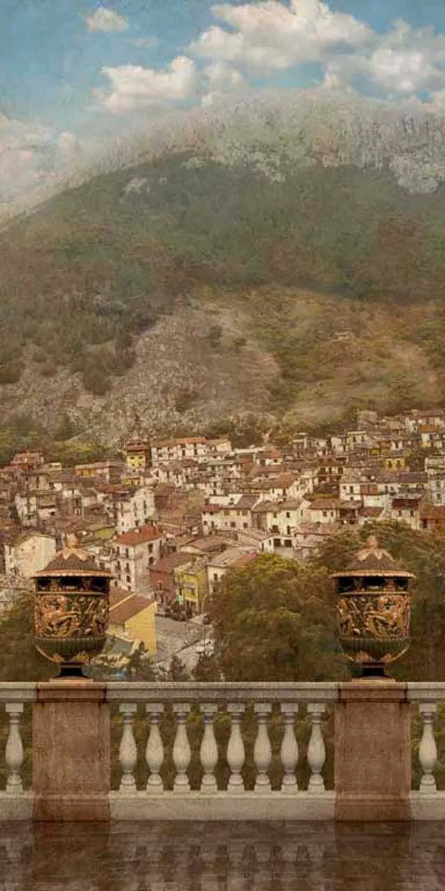 Фотообои в интерьере балкон с видом на старинный город  11-081 фото