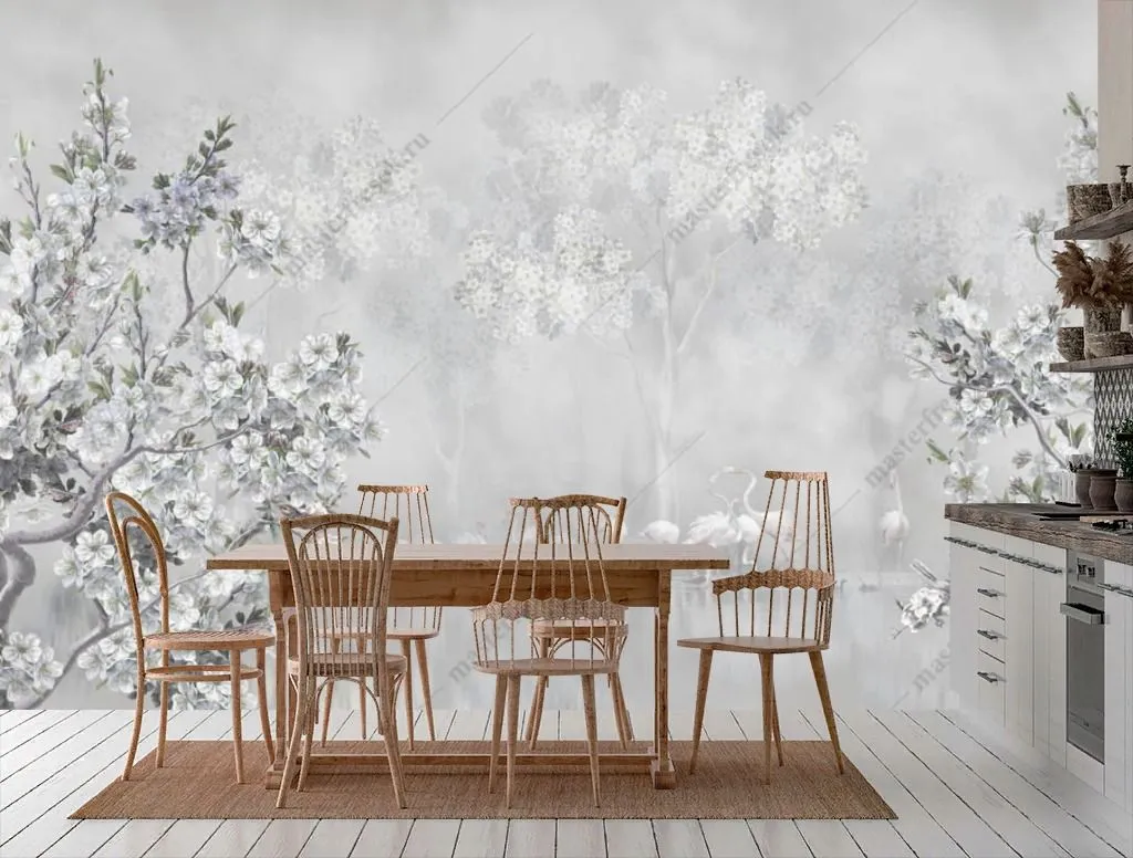 Фотообои в интерьере цветущее дерево у озера  13-356 фото