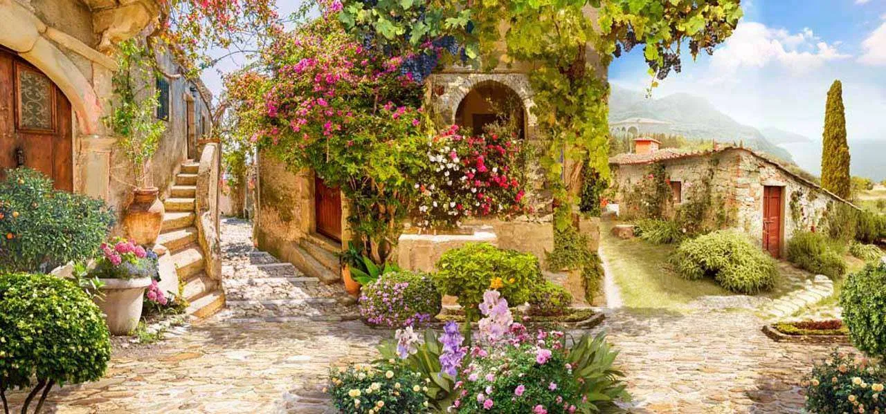 Фотообои в интерьере цветочная улочка европы  7-180 фото